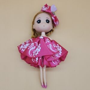 Confused Doll Keychain - Pink Floral Dress - 6.5" Tall - Poseable